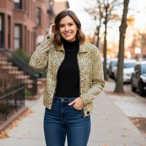 Volcom Denim Animal Print Full Zip Jacket Cheetah Sweater Collar Pockets Large